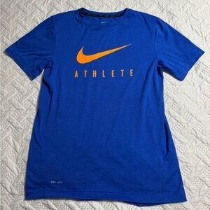 Nike Athlete Vibrant Blue Dri-FIT Tee Orange Logo Swoosh Youth XL Boy Activewear